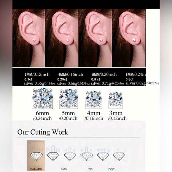 NEW 925 Sterling Silver Hypoallergenic Round Cubic Zirconia 6mm Stud Earrings - Picture 4 of 4